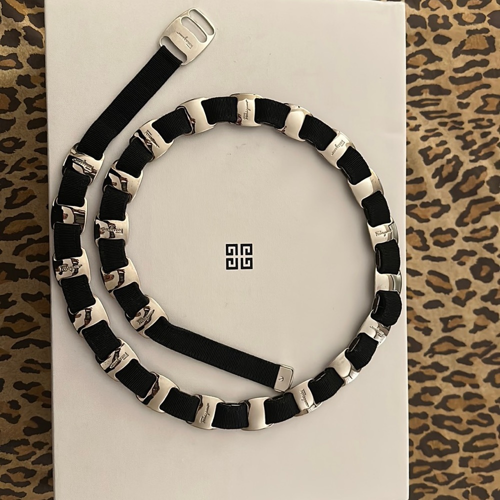 Salvatore Ferragamo Italy Vala Chain Link Grosgrain Belt Women's Black Silver